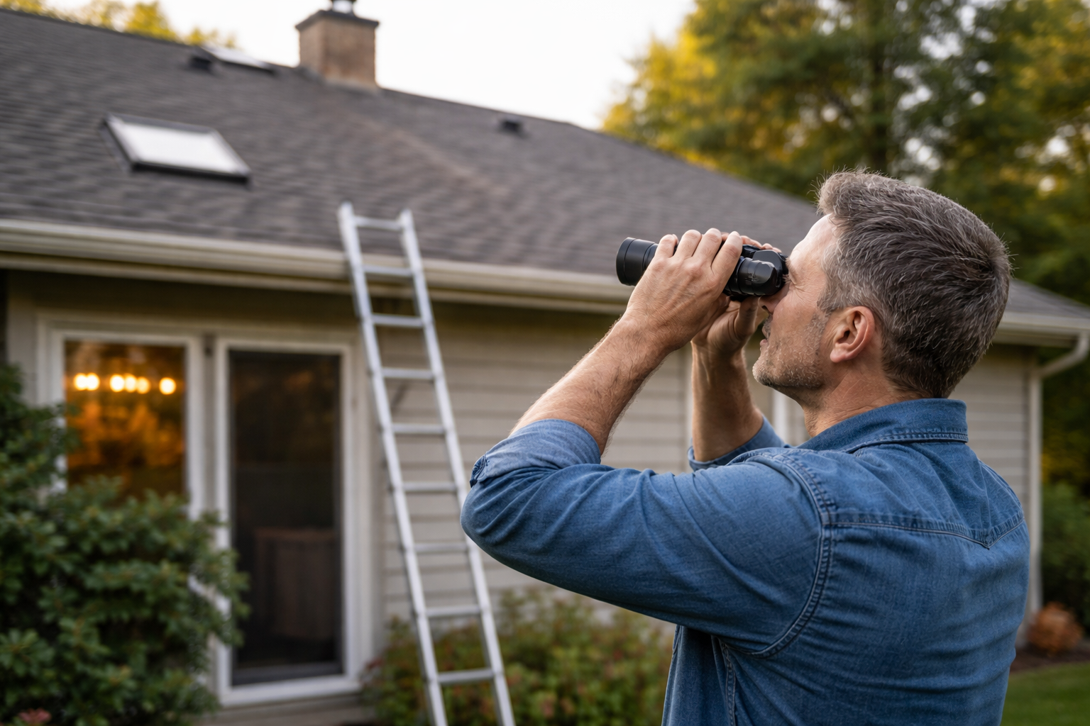 Homeowner using binoculars to check asphalt shingle roof for early signs of damage and wear
