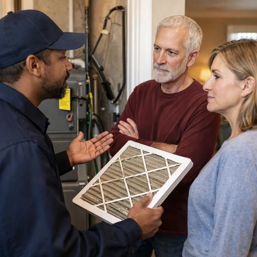 HVAC technician showing homeowners a dirty furnace filter in New Jersey